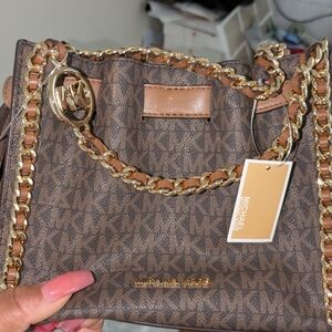 Michael Kors Brown Logo Chain Crossbody with Gold Hardware